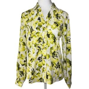 Anne Klein Floral Yellow white Black Long Sleeve Button Down Shirt MSRP $89.00
